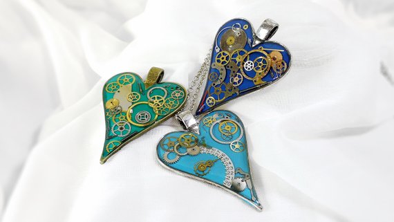 Steampunk Necklace. Large Clockwork Heart. Blue Heart Necklace. Ornate Necklace. Unique Necklace. Bronze Heart. Large Pendant. Watch Parts by ByEmilyRay steampunk buy now online