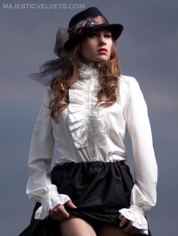 Victorian Steampunk Blouse Long Sleeve High Neck long sleeve Frill White Ivory button up Shirt by MajesticVelvets steampunk buy now online