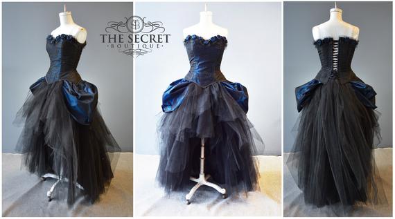 Gothic wedding dress, high low goth dress in blue and black by thesecretboutique steampunk buy now online