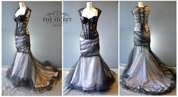 gothic wedding gown, black and white romantic couture wedding gown, custom made by thesecretboutique steampunk buy now online