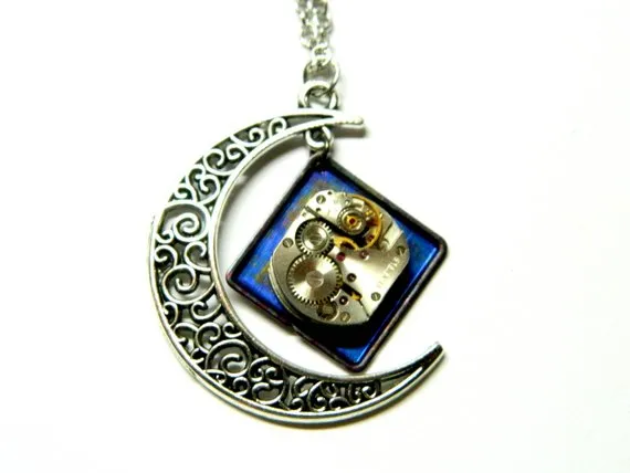 Lunar crater Steampunk jewelry, silver colored necklace, old clockwork, bordo dial, great steam punk jewellery, unique birthday gift for dad by EmilySteampunk steampunk buy now online