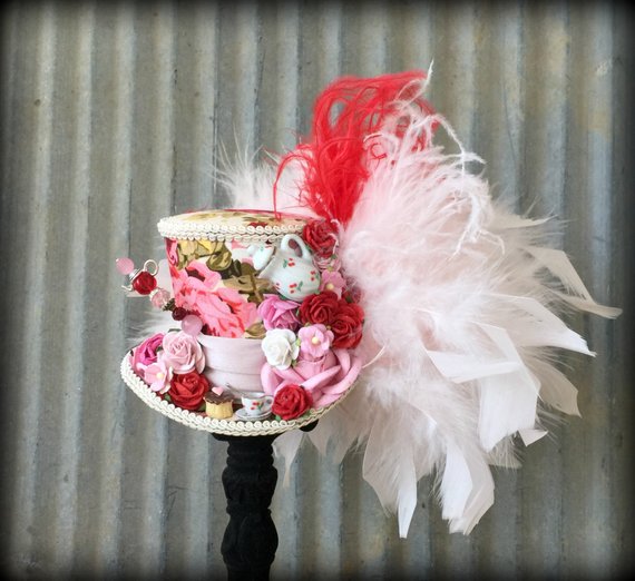 Mini Top Hat, Tea Hat, Kentucky Derby hat, Red Rose Tea Cup hat, Mad Hatter Hat, Steampunk Tea Hat, Alice in Wonderland, Mad Tea Party, by ChikiBird steampunk buy now online