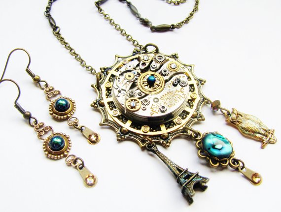 Steampunk Antique Watch Dial with Eiffel Tower, Abalone, and Owl Pendant Necklace Earring Set , Steampunk Necklace, Steampunk Earrings NES29 by RavensSecretStash steampunk buy now online