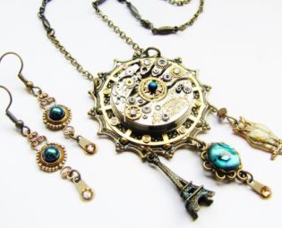 Steampunk Antique Watch with Eiffel Tower, Abalone, and Owl Pendant Necklace Earring Set , Steampunk Necklace, Steampunk Earrings NES29 by RavensSecretStash steampunk buy now online