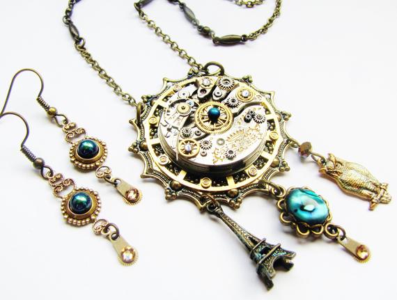 Steampunk Antique Watch with Eiffel Tower, Abalone, and Owl Pendant Necklace Earring Set , Steampunk Necklace, Steampunk Earrings NES29 by RavensSecretStash steampunk buy now online