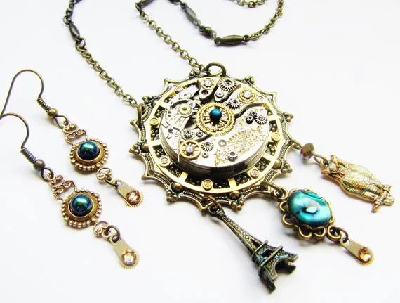 Steampunk Antique Watch with Eiffel Tower, Abalone, and Owl Pendant Necklace Earring Set , Steampunk Necklace, Steampunk Earrings NES29 by RavensSecretStash steampunk buy now online Steampunk Antique Watch with Eiffel Tower, Abalone, and Owl Pendant Necklace Earring Set , Steampunk Necklace, Steampunk Earrings NES29 by RavensSecretStash steampunk buy now online