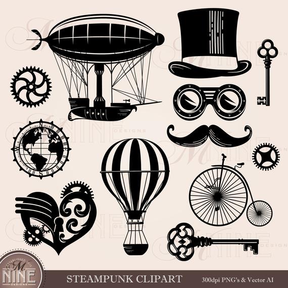 STEAMPUNK Clipart | Steampunk Style Clip Art Downloads | Vector Steampunk Clipart Images | Vintage Steampunk Balloon Bicycle Blimp by MNINEDESIGNS steampunk buy now online