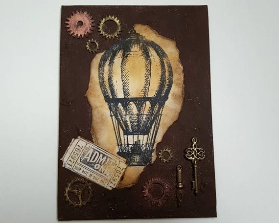 Steampunk hot air balloon & cogs art mixed media canvas original 5x7 inch by EmporiumCuriosities1 steampunk buy now online