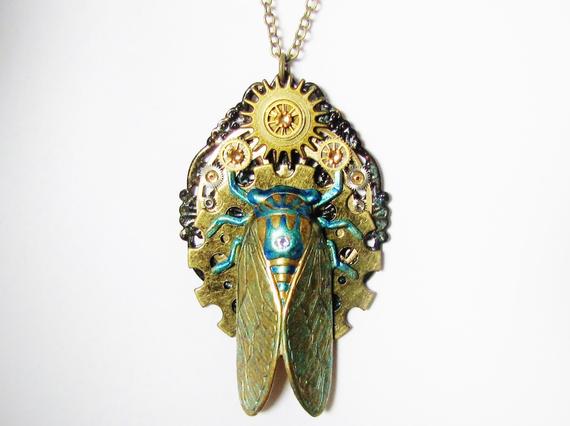 Steampunk Teal Cicada Necklace, Steampunk Cicada Necklace, Steampunk Necklace, Steampunk Cicada, Cicada Gear Crystal Necklace, PN101 by RavensSecretStash steampunk buy now online