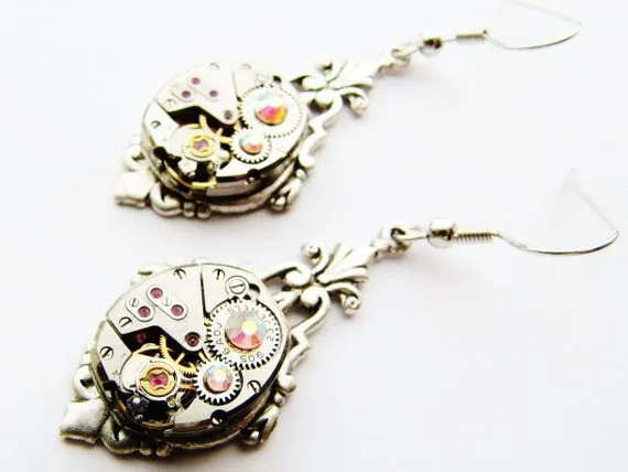Steampunk Vintage Lady Elgin Watch Movement Earrings, Steampunk Earrings, Watch Movement Earrings, Steampunk Watch ERG88 by RavensSecretStash steampunk buy now online