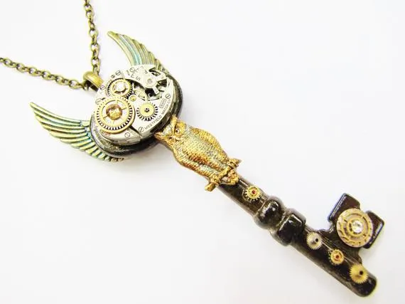 Steampunk Winged Watch & Owl Key Necklace, Steampunk Necklace, Steampunk Key, Steampunk Watch, Owl Key Necklace, Key Necklace KP29 by RavensSecretStash steampunk buy now online