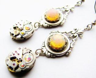 Victorian Industrial Fire Opal & Vintage Watch Movement Earrings, Steampunk Earrings, Fire Opal Earrings, Watch Earrings, ERG90 by RavensSecretStash steampunk buy now online