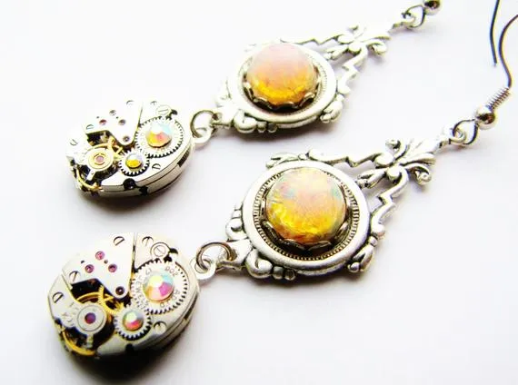 Victorian Industrial Fire Opal & Vintage Watch Movement Earrings, Steampunk Earrings, Fire Opal Earrings, Watch Earrings, ERG90 by RavensSecretStash steampunk buy now online