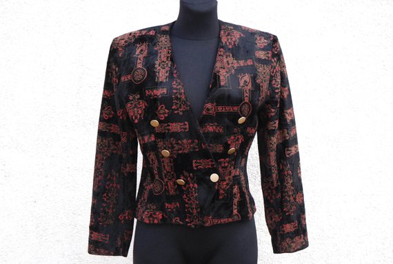 Vintage Black Velvet Blazer Women's Red Abstract Print Evening Jacket 1980's 80's Shoulder Pads Double Breasted Velvet Blazer Medium Size by VintageSuggestion steampunk buy now online