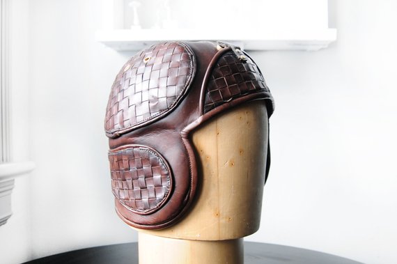 Woven leather helmet with hidden magnetic pocket, Sample sale product, Leather helmet, Steampunk headgear by Ophilya steampunk buy now online