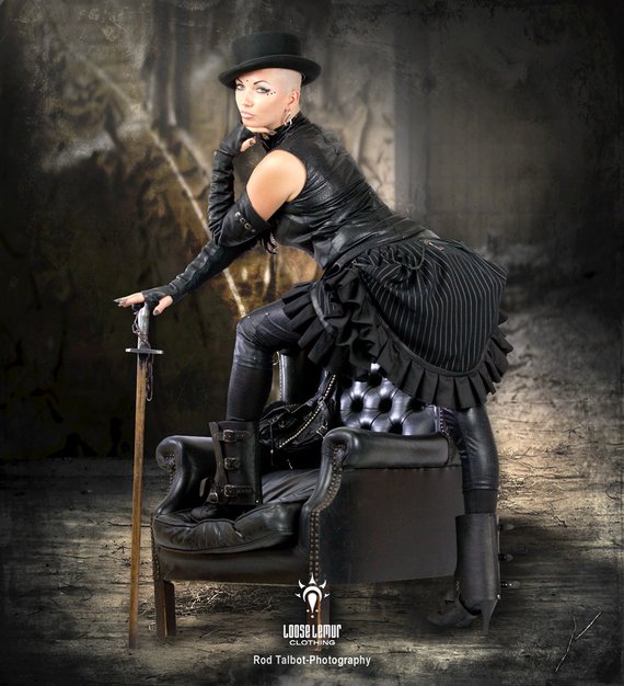 Black Pinstripe Bustle Ruffle Skirt, Leather Trim with Tulle Lining and Chain Detail by Loose Lemur Clothing by LooseLemur steampunk buy now online