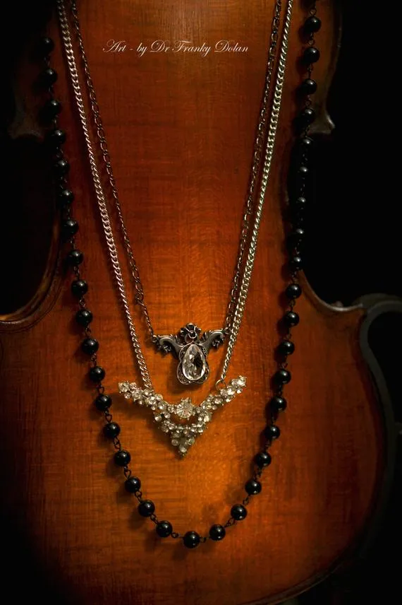 Bohemian Multi-Strand Necklace by Fae Factory Artist Dr Franky Dolan {Handmade Statement Heirloom Rhinestone Keyhole Black Glass Rosary} by faefactory steampunk buy now online