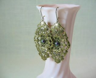 boho earrings, fancy filigree dangle drop earrings, large long earrings, hippie gypsy earrings, Victorian steampunk festival brass earrings by wishlistartjewelry steampunk buy now online
