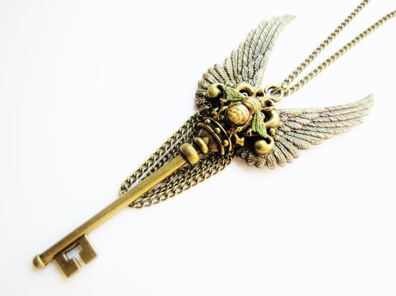 Crowned Winged Key Pendant Necklace with Queen Bee and Decorative Chains - Victorian Industrial, Steampunk Necklace, Steampunk Key KP6 by RavensSecretStash steampunk buy now online