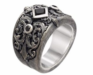 Heavy engraved sculpted unique mens wide black diamond and English Sterling Silver ring. Victorian Steampunk Wedding Ring. Big mens diamond. by DeMerJewelry steampunk buy now online