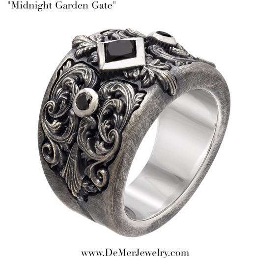 Heavy engraved sculpted unique mens wide black diamond and English Sterling Silver ring. Victorian Steampunk Wedding Ring. Big mens diamond. by DeMerJewelry steampunk buy now online