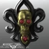 Skull Fleur De Lis pendant necklace. Solid heavy 14kt gold and English Sterling, set with blue sapphire, ruby, or tsavorite garnet. Gothic. by DeMerJewelry steampunk buy now online