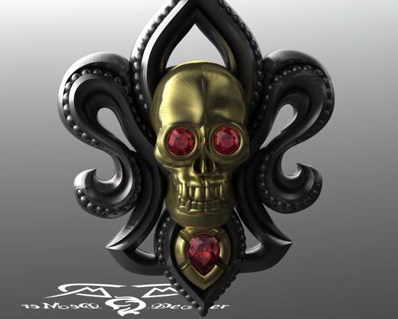 Skull Fleur De Lis pendant necklace. Solid heavy 14kt gold and English Sterling, set with blue sapphire, ruby, or tsavorite garnet. Gothic. by DeMerJewelry steampunk buy now online