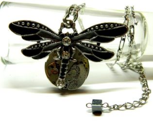 Steampunk jewelry necklace "The Dragonfly Odonata" face of girl, big old clockwork, silver colored, black gray enamel, gift for wife, sister by EmilySteampunk steampunk buy now online