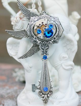 Steampunk key necklace with swarovski deep blue crystals by DreamCloudJewelry steampunk buy now online