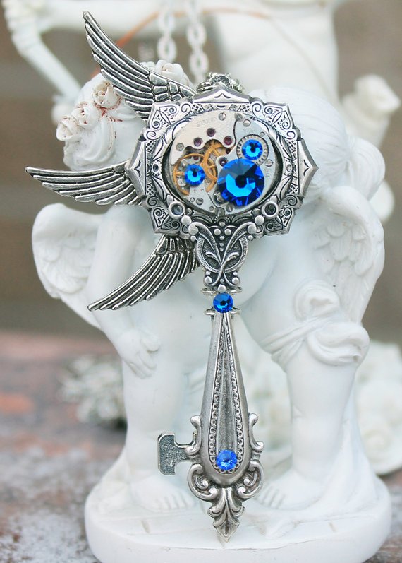 Steampunk key necklace with swarovski deep blue crystals by DreamCloudJewelry steampunk buy now online