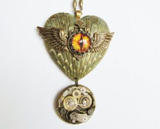 Steampunk Winged Dragon Eye/Winged Heart Pendant Necklace, Steampunk Necklace, Winged Heart Necklace, Steampunk Dragon Eye Necklace HTJ40 by RavensSecretStash steampunk buy now online