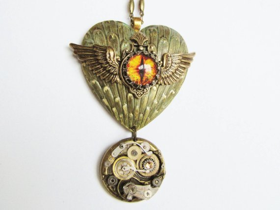 Steampunk Winged Dragon Eye/Winged Heart Pendant Necklace, Steampunk Necklace, Winged Heart Necklace, Steampunk Dragon Eye Necklace HTJ40 by RavensSecretStash steampunk buy now online