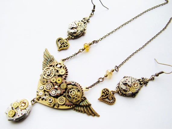 Steampunk Winged Mechanical Heart Necklace and Earring Set, Steampunk Necklace, Steampunk Earrings, Steampunk Winged Heart Necklace HTNES32 by RavensSecretStash steampunk buy now online