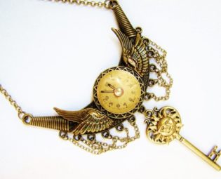 Steampunk Winged Vintage Watch Dial Crescent Pendant Necklace with Sun Topped Key, Steampunk Necklace, Steampunk Wings and Key Necklace CPN8 by RavensSecretStash steampunk buy now online