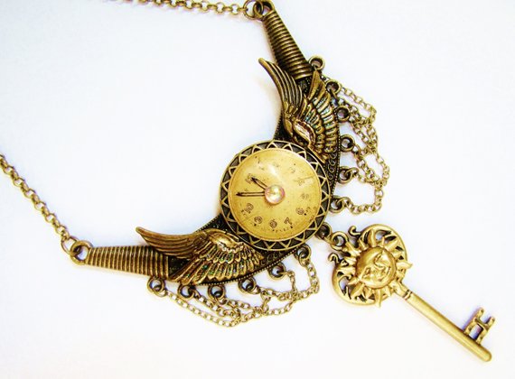 Steampunk Winged Vintage Watch Dial Crescent Pendant Necklace with Sun Topped Key, Steampunk Necklace, Steampunk Wings and Key Necklace CPN8 by RavensSecretStash steampunk buy now online