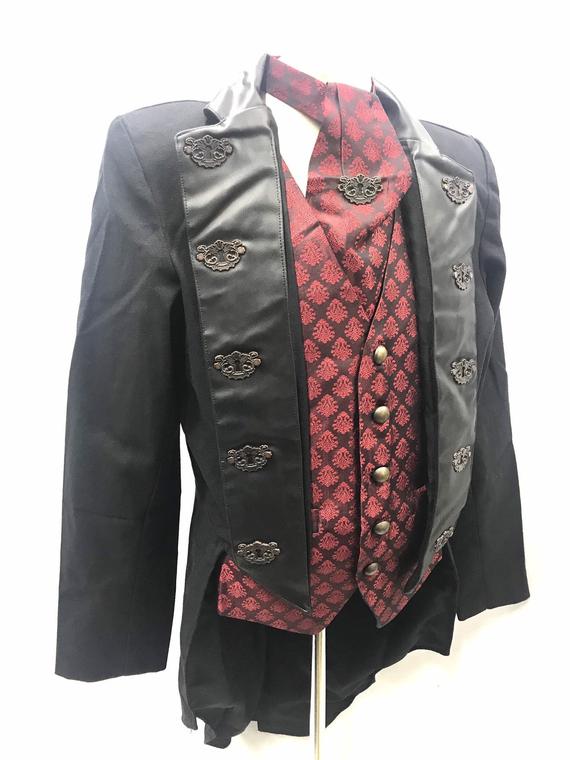 4 pcs steampunk Black Tail coat with Maroon Brocade waistcoat,cravat,tiepin,to fit Chest size 40",42",44" by SteamEraProduction steampunk buy now online