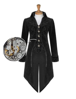 Black Steampunk Waistcoat, Mens, Cosplay, Alternative, Tail coat, Brocade, featuring watch movement buttons, by SteampunkMovement steampunk buy now online