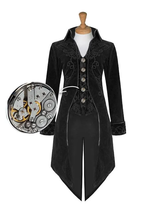 Black Steampunk Waistcoat, Mens, Cosplay, Alternative, Tail coat, Brocade, featuring watch movement buttons, by SteampunkMovement steampunk buy now online Black Steampunk Waistcoat, Mens, Cosplay, Alternative, Tail coat, Brocade, featuring watch movement buttons, by SteampunkMovement steampunk buy now online