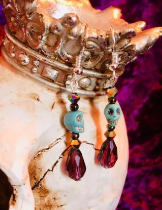 Blue and purple crystal skull earrings by SkulltasticBoutique steampunk buy now online