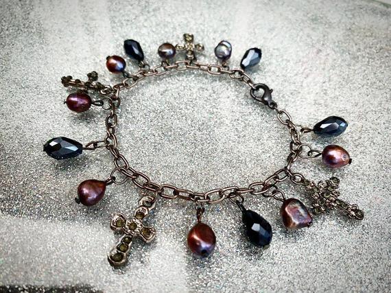 Freshwater pearls and cross chain bracelet by PrettyPunkRocks steampunk buy now online