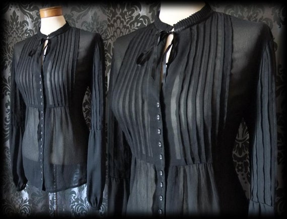 Gothic Black Sheer Pintuck MORBID GOVERNESS High Neck Blouse 8 10 Victorian by AusterexxDevotion steampunk buy now online