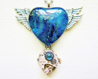 Steampunk Double Winged Rich Blue Dichroic Glass Heart Pendant Necklace With Vintage Watch Movement, Steampunk Necklace, Winged Heart HTN6 by RavensSecretStash steampunk buy now online
