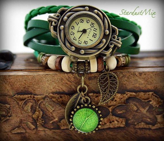 Womens watch leather bracelet vintage watch style boho bracelet gift for her bohemian jewelry steampunk watch sister gift nature jewelry by StardustMix steampunk buy now online
