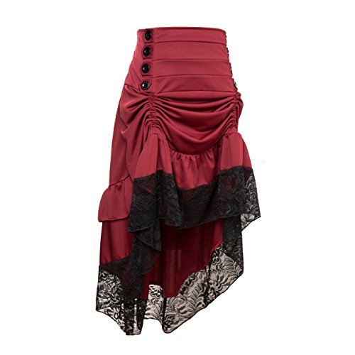 Qbuds Adjustable Ruffle High Low Gothic Skirt Plus Size Long Vintage Fishtail Steampunk Corset Skirt Long Dress for Women Red steampunk buy now online