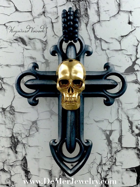 Dracula Voivode Black Cross 14kt Heavy Gold European Gold Skull. Gothic, Transylvania, Biker, Sons of Anarchy, big heavy vampire jeremiah by DeMerJewelry steampunk buy now online