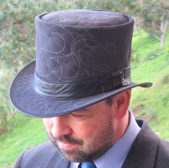 Grey velvet &amp; leather traditional English / British style Men&#039;s Top Hat for weddings / formal wear / races / Royal Ascot style by Cobbcoleather steampunk buy now online