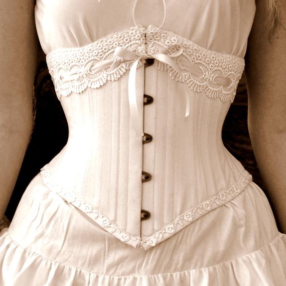 Handmade Custom Steel Boned Natural Cotton Coutil Rustic Steampunk Underbust Wedding Corset Features Antiqued Bronze Front Closing Busk by LaBelleFairy steampunk buy now online