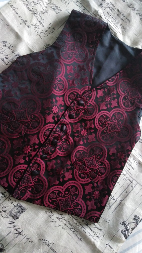 Red 'Acquitane' Brocade Mens Single reasted waistcoat 40''Chest by ShelbyandGray steampunk buy now online