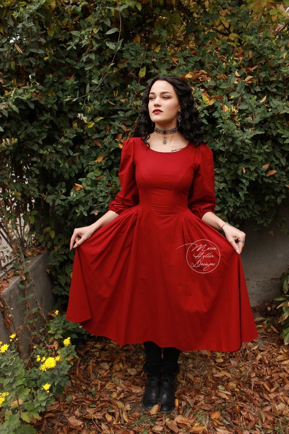 Red Dress, Retro Dress, Vintage Dress, Red Retro Dress, 50s Dress, Day Dress, Summer Dress, Cotton, Pleated, Vintage Red Dress, Mid Length by MariaHellerDesigns steampunk buy now online