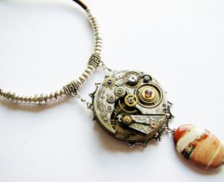 Steampunk Antique Watch Movement & Jasper Necklace, Steampunk Necklace, Steampunk Watch Jasper Necklace, Silver Bead Necklace, PN81 by RavensSecretStash steampunk buy now online